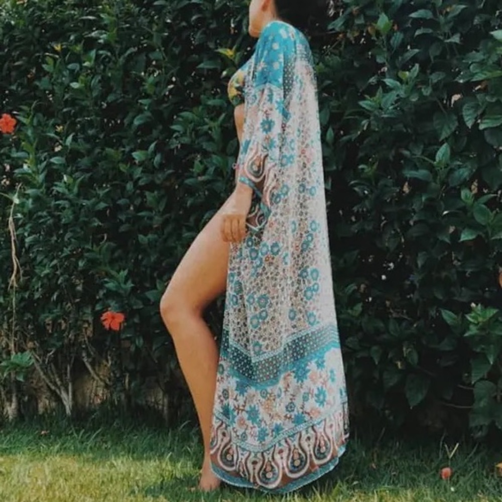 Sage Bohemian Chiffon Kimono Duster, Bikini Coverup - Picture 3 of 6